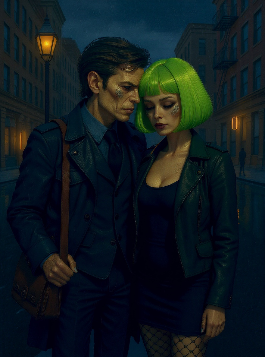 Silent pause: Benny and the Stranger nearly touch, city lights blurred around them; tension and longing.