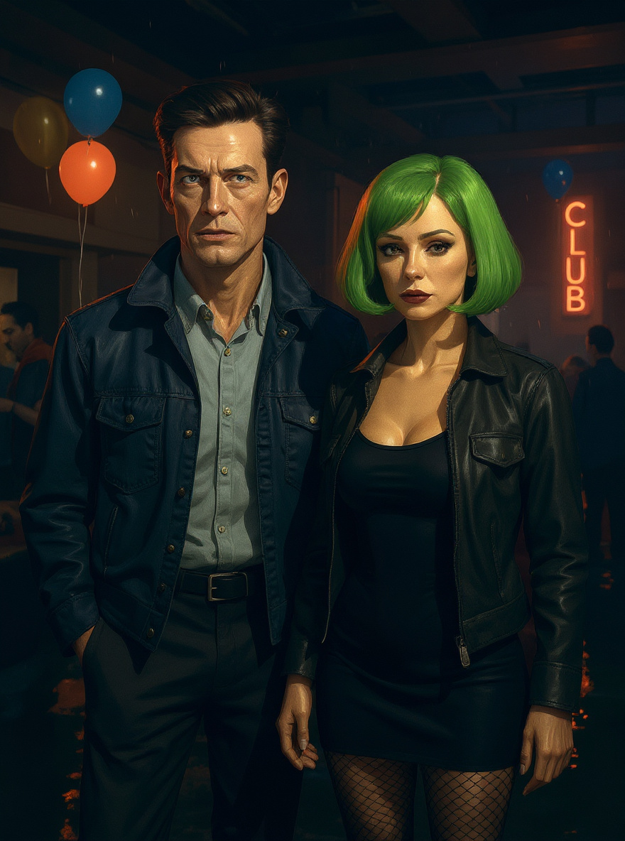 Inside the club, Benny edges through a crowd as the Green-Wigged Stranger approaches, her green wig vivid in the dim light. Music equipment and members of the Whole Sick Crew blurred in the background.