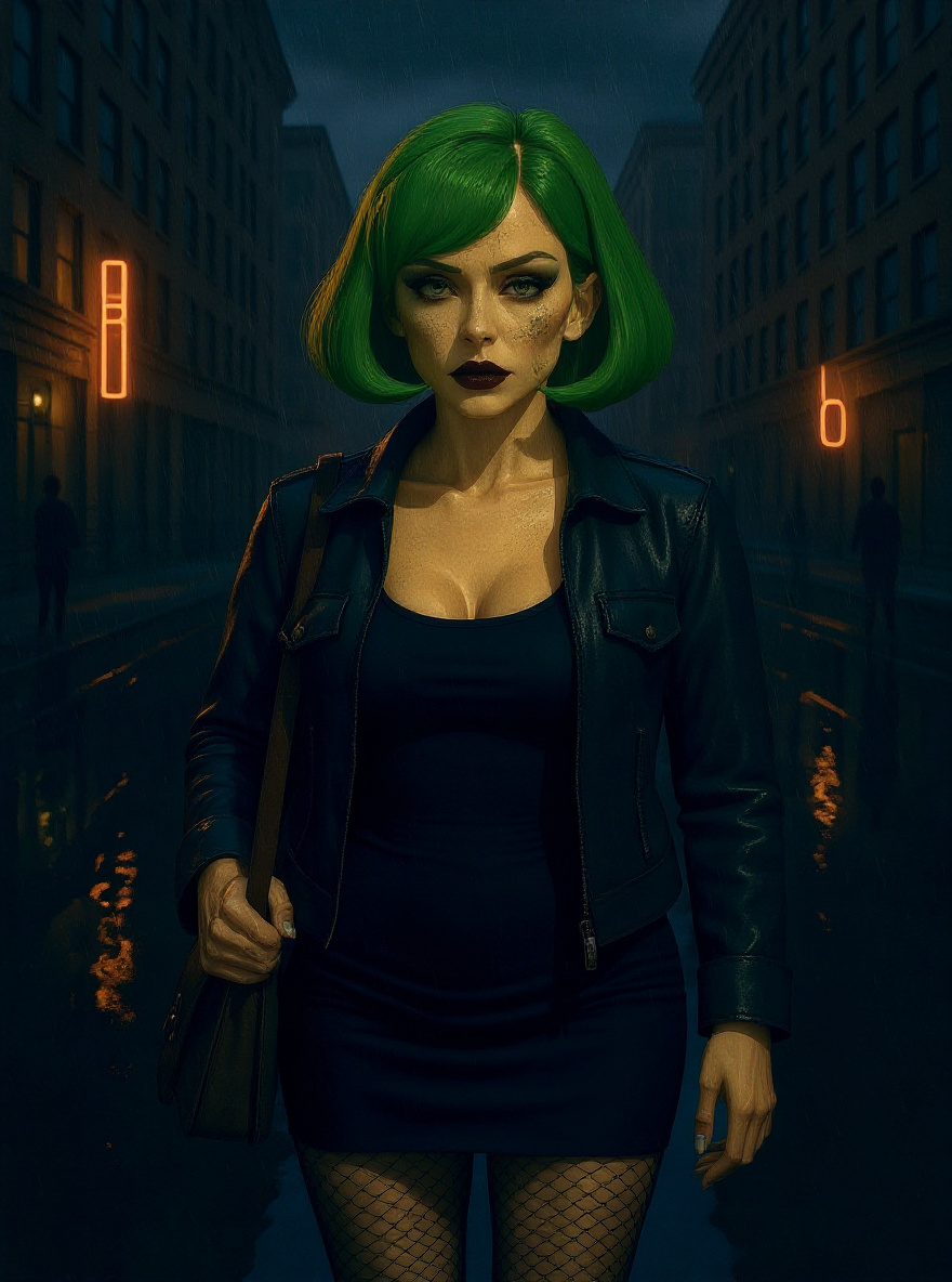 Close-up: the Stranger glances back over her shoulder, eyes glinting beneath the wig, rain running down her face.