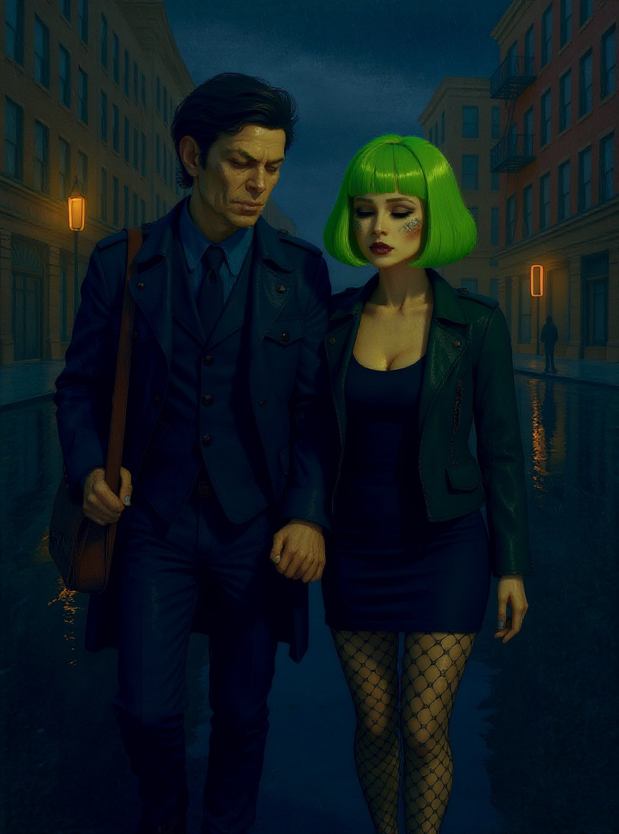 Benny, following the Stranger, is led down a labyrinth of rain-slicked, empty streets. The green wig glows ahead, Benny’s hand in hers.