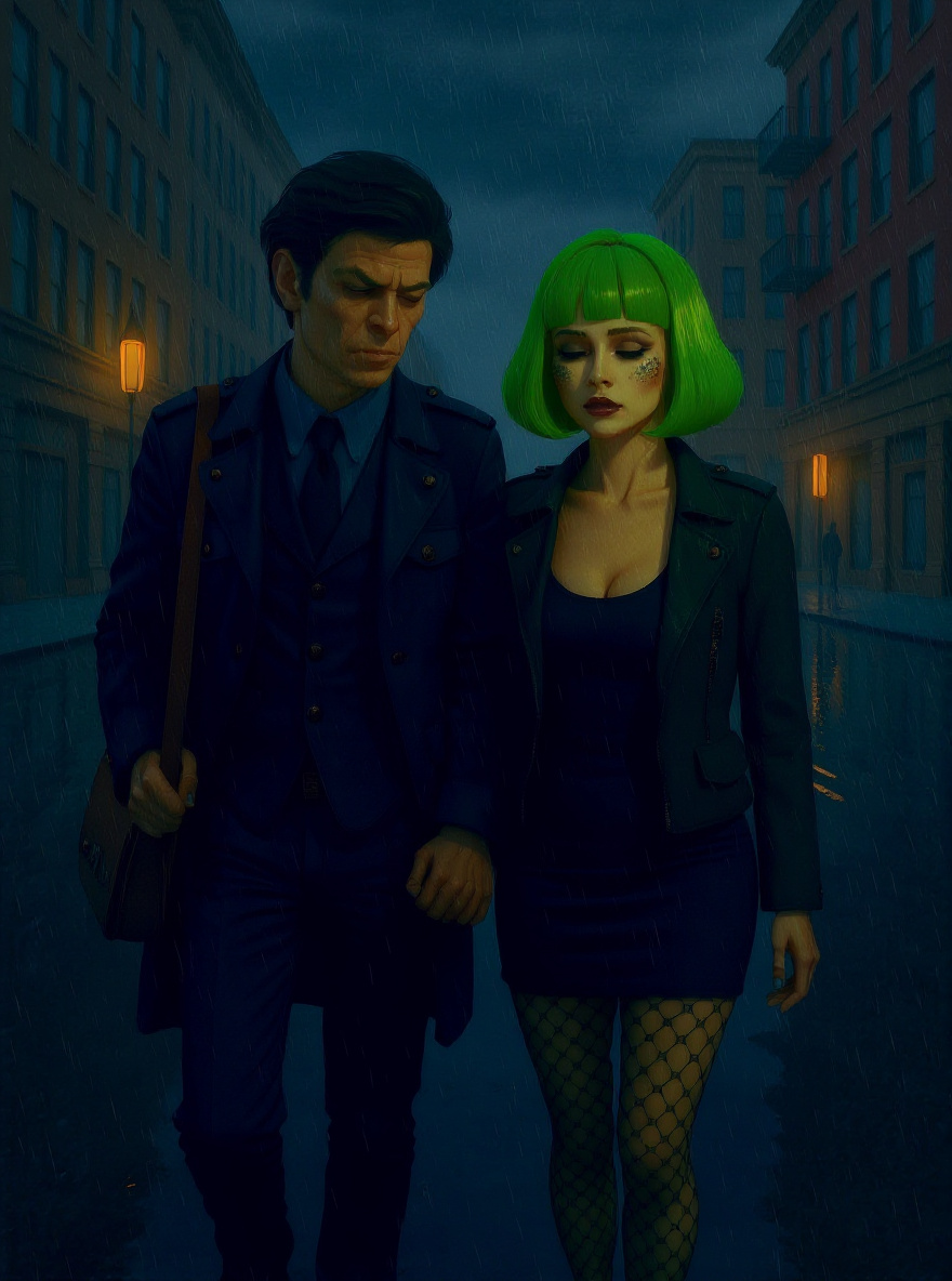 Distant, the pair disappear into a foggy intersection; only the green wig glows, city fading behind.