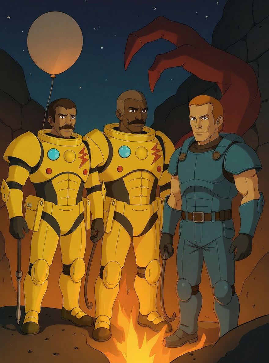 Metlar’s massive, red-glowing face and claws emerge fully from the fissure, magma flaring behind. Herc, Auger, and Liquidator stand silhouetted before him, exosuits shining in the infernal light.