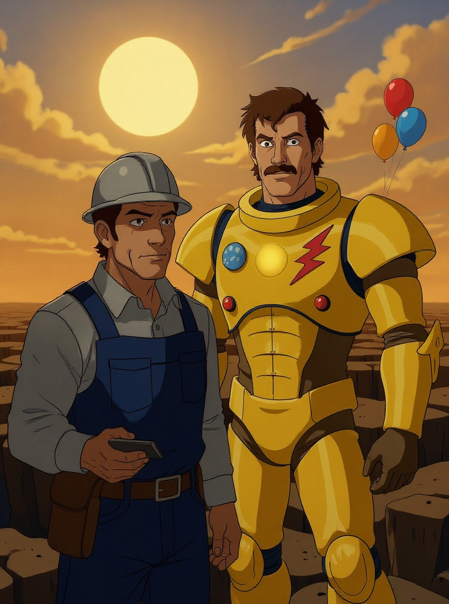 Sandra Shore in her navigation suit checks a tablet beside the anxious crew foreman, sun glaring off her visor. Herc approaches, the Hooker suit looming, as Sandra points at seismic data.