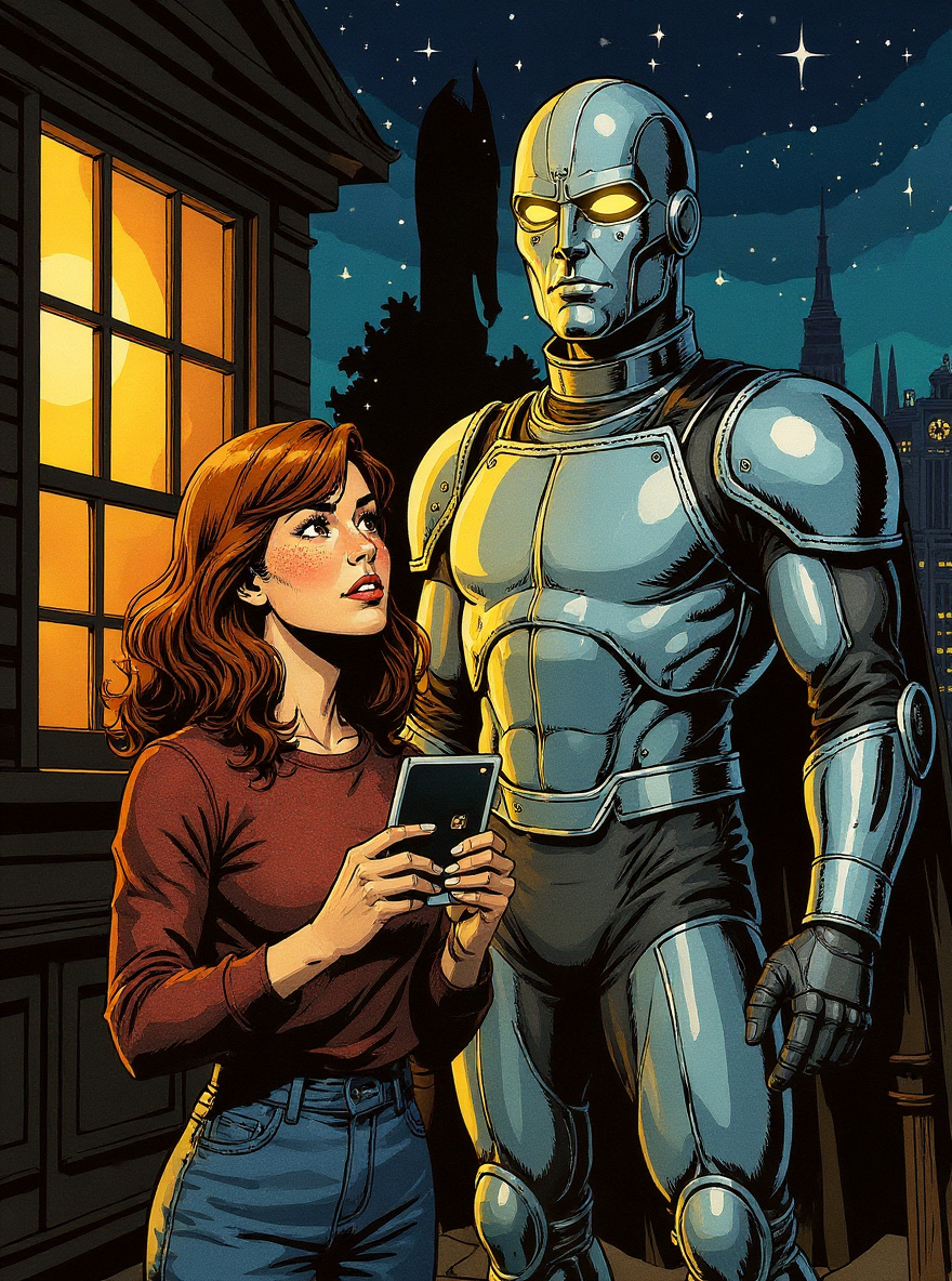 Brandy stands on the porch, holding a Polaroid, hesitating before Rom.