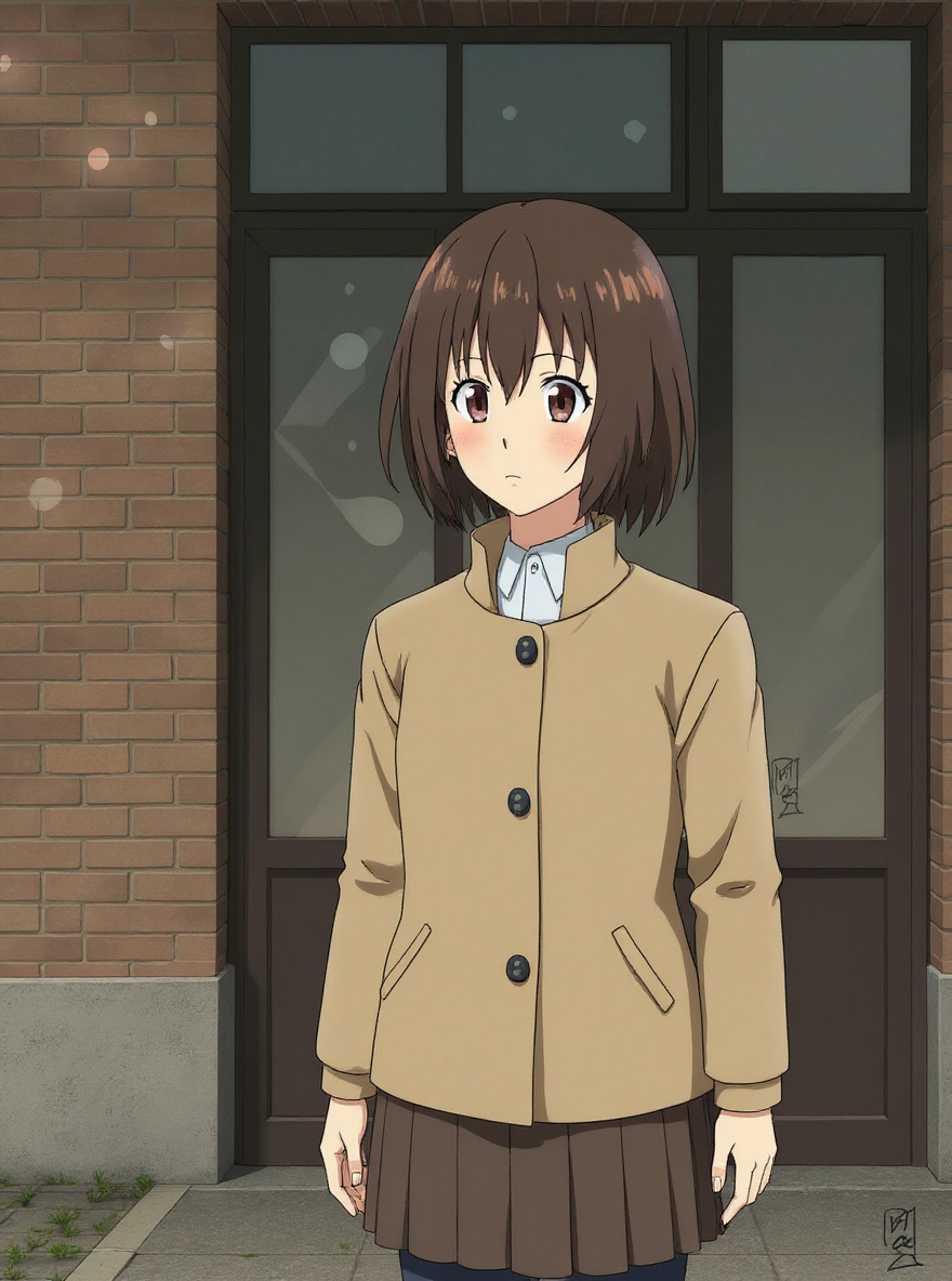 Yasako stands at the Coil Investigation Agency’s entrance; the real world looks normal but the AR overlay distorts the doorway with a polygonal shimmer. Afternoon, overcast sky, muted palette, empty street.