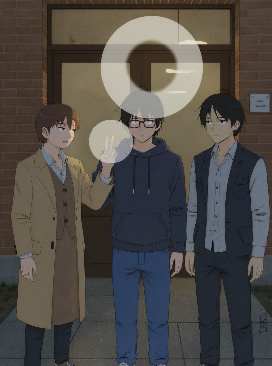The group enters the office; sunlight filters in, AR maps glow, Yasako pauses at the threshold, token in hand.