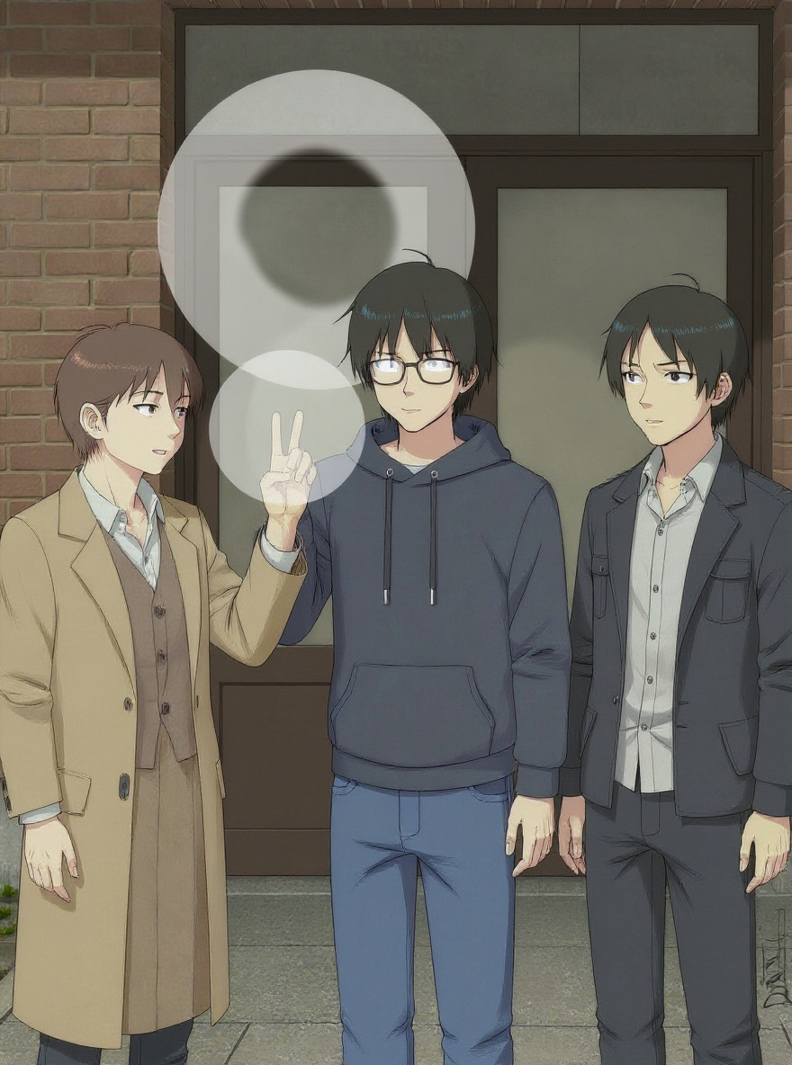 The fragment compresses into a glowing data-token in Yasako’s hand; digital wind blows, AR lock vanishes, office interior visible through now normal door. Team stands together, relief and awe. Overcast daylight.