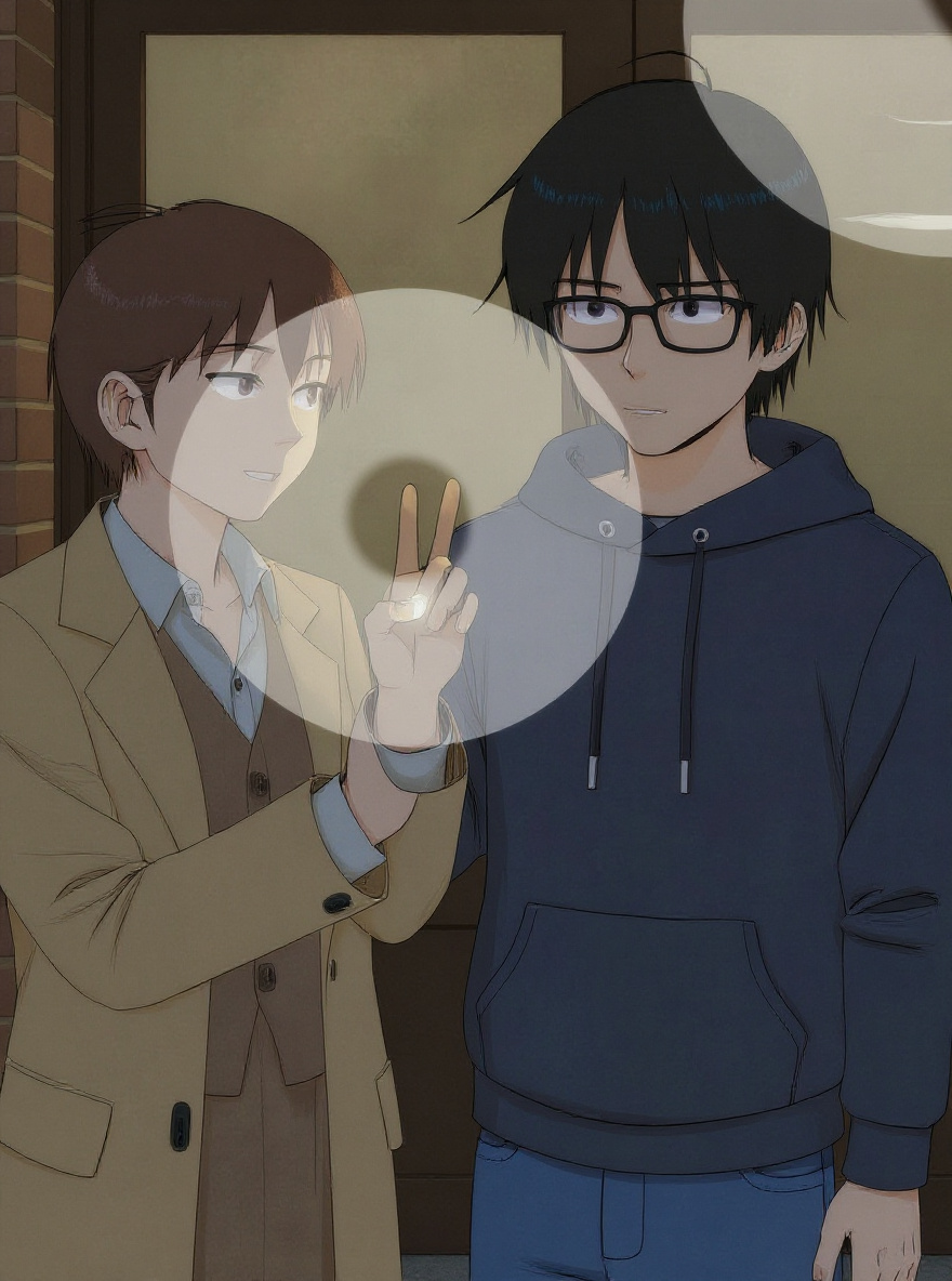 Close-up: Yasako’s hand with the softly glowing data-token, her reflection faint in office glass.