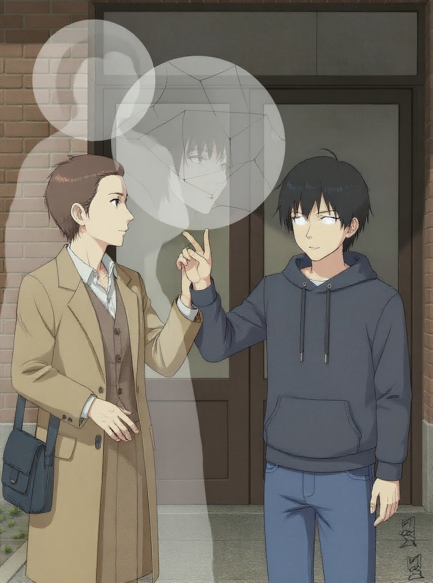 Fragment hovers before Yasako, eyes glowing; Fumie stands back, worried. Afternoon.