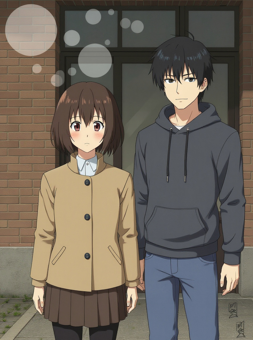 Fumie approaches Yasako, scanning the area with a portable device. The AR distortion flickers on the door. Overcast daylight, city street.