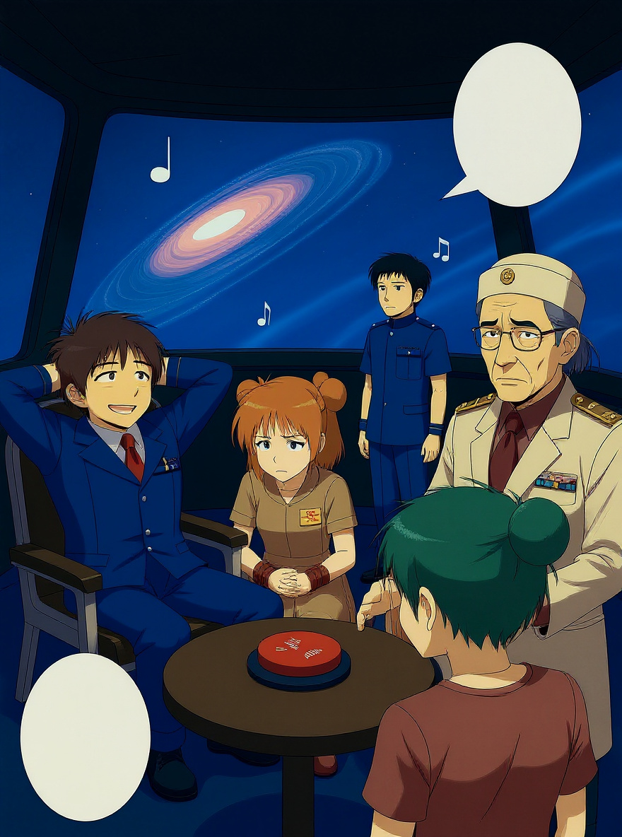 Bridge: Yuriko and Yamamoto look baffled at clear scanner; Tylor stretches, smiling.