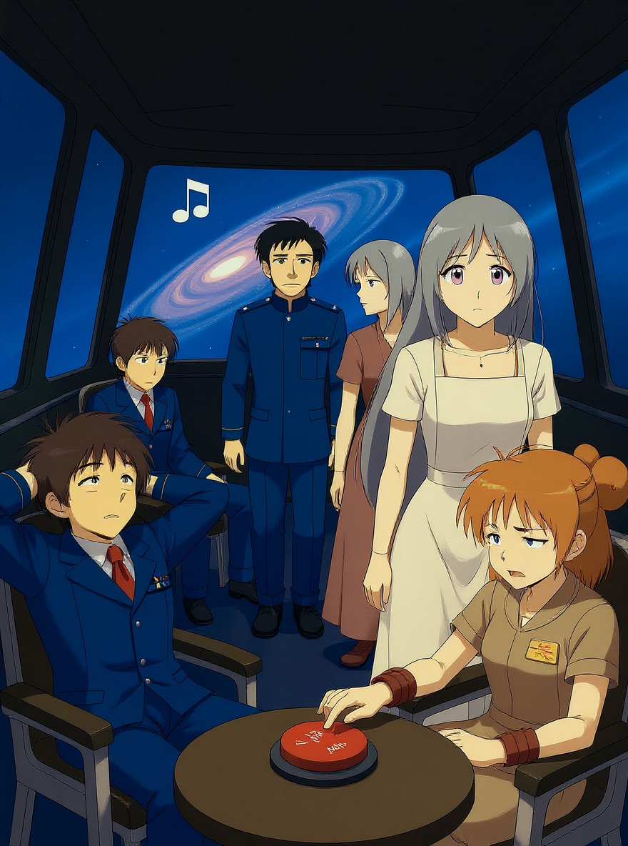 Bridge: Mita, half-asleep, hits wrong button on comms; music note appears on screen.
