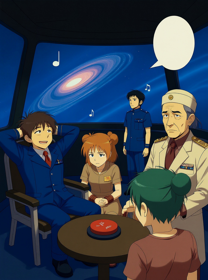 Aboard Raalgon flagship: Empress Azalyn and Commander Leah stare at screen showing Soyokaze’s lounge music and Tylor’s happy face; bridge officers tense in ornate uniforms, nebula outside the viewports.