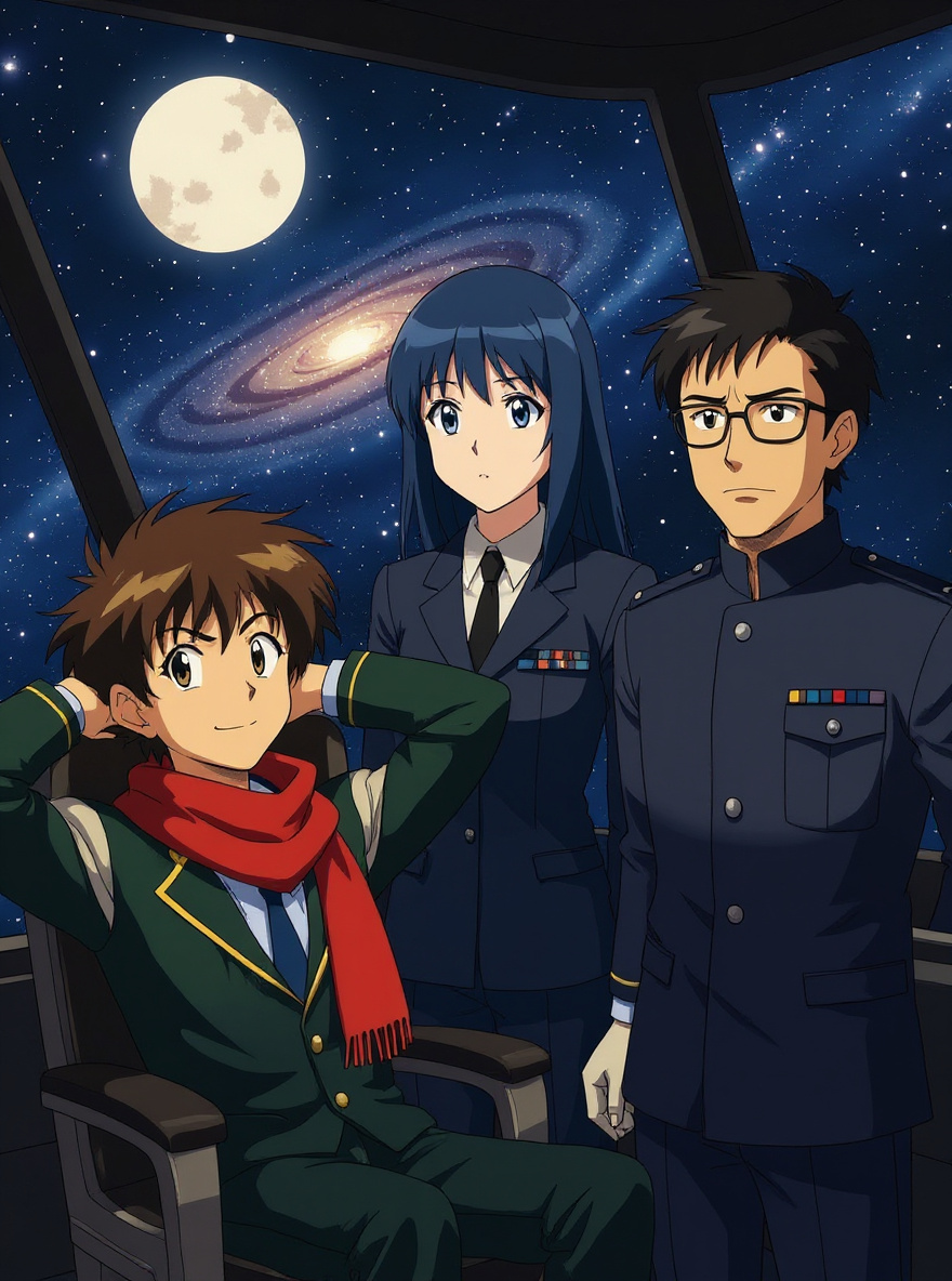 The Soyokaze drifts in starlit space, nebula swirling nearby; bridge interior visible through wide viewport, crew at relaxed or idle poses, Tylor reclined at the command chair with his hands behind his head, Yuriko standing stiffly nearby, Yamamoto clutching his clipboard with anxiety.