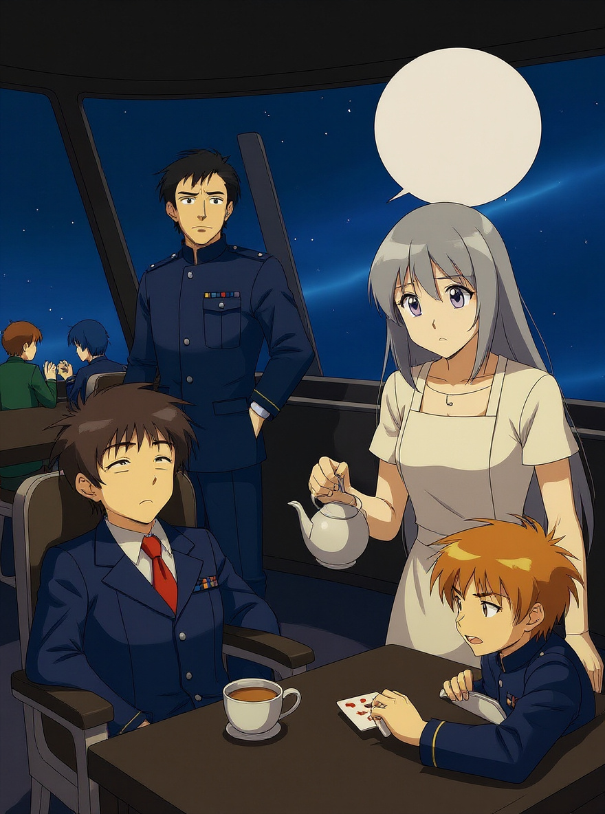 Mess hall: Harumi pours tea for sleepy engineer; background crew playing cards. Warm, cozy feel.