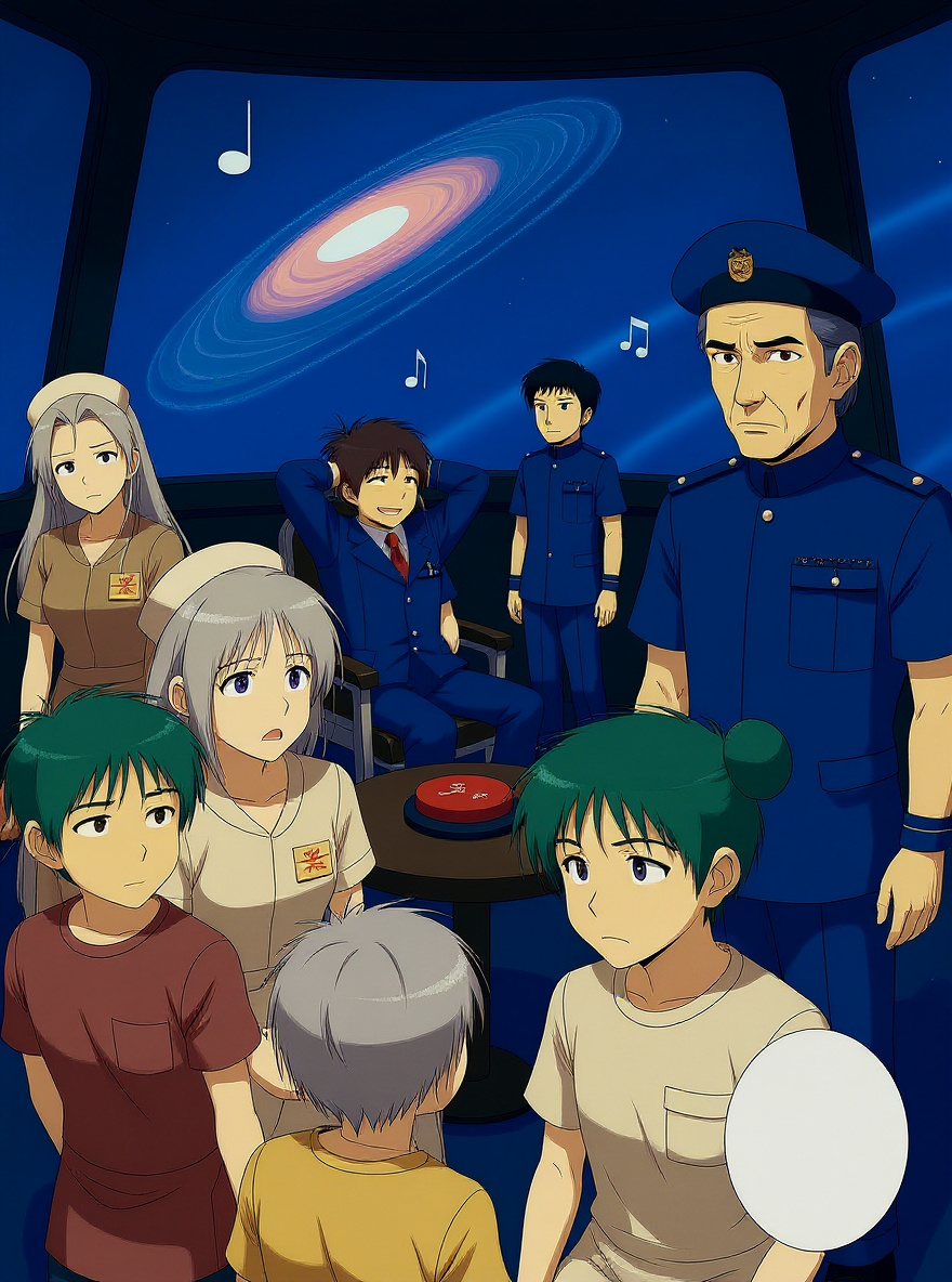 Mess hall: Harumi and crew at ease, laughter; Tylor winks at Yuriko on his way out.