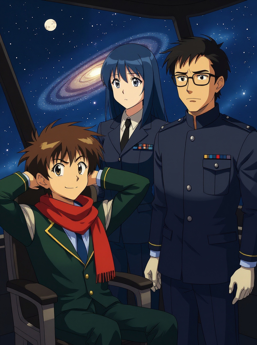Bridge close-up: Yuriko stands, arms crossed and brow furrowed, facing Tylor, who leans even further back in his chair, grinning. Yamamoto peeks from behind Yuriko, clipboard clutched tight.