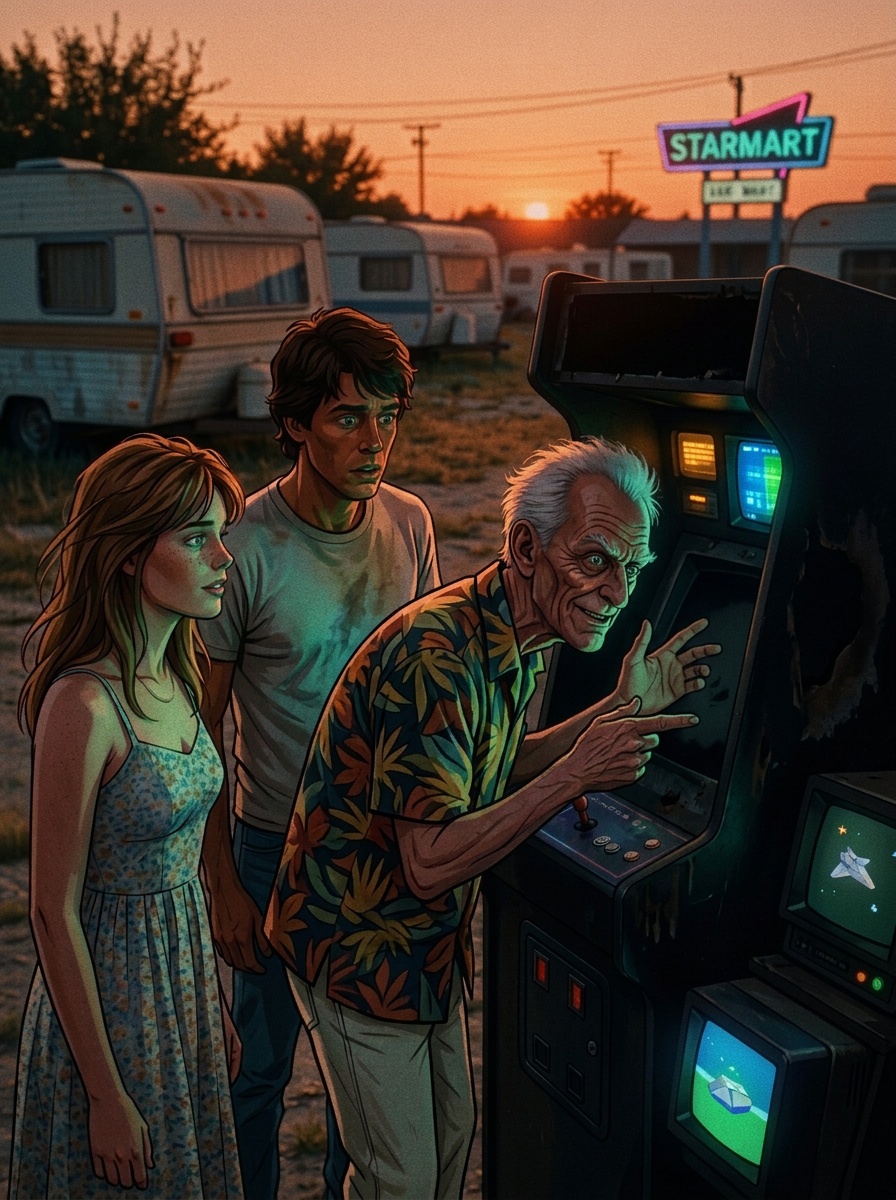 The arcade cabinet goes dark. The golden light softens. Maggie stands, panting, next to Alex. Centauri looks up, a rare seriousness on his face.