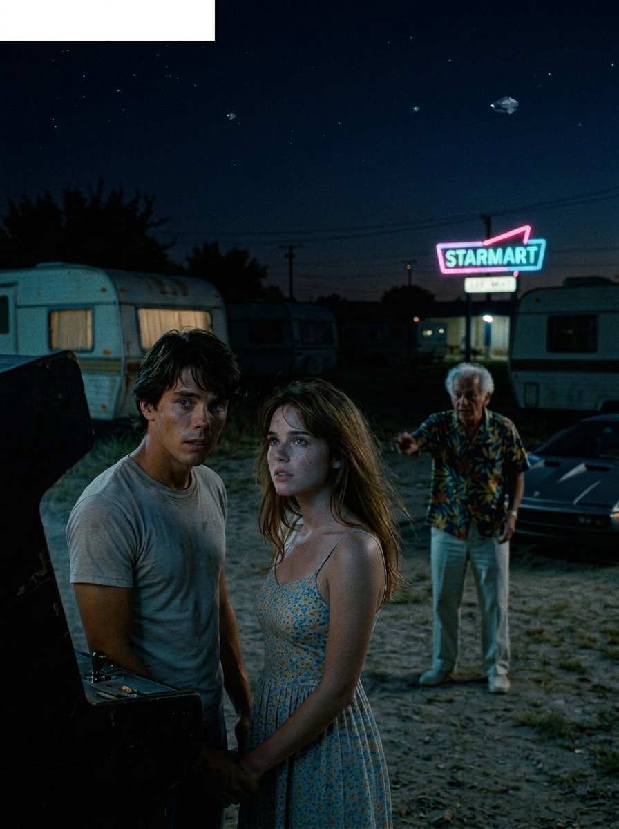 Night settles. Maggie leans against Alex, both silhouetted. Centauri looks up at the sky, eyes reflecting starlight. The old trailers are peaceful for now.