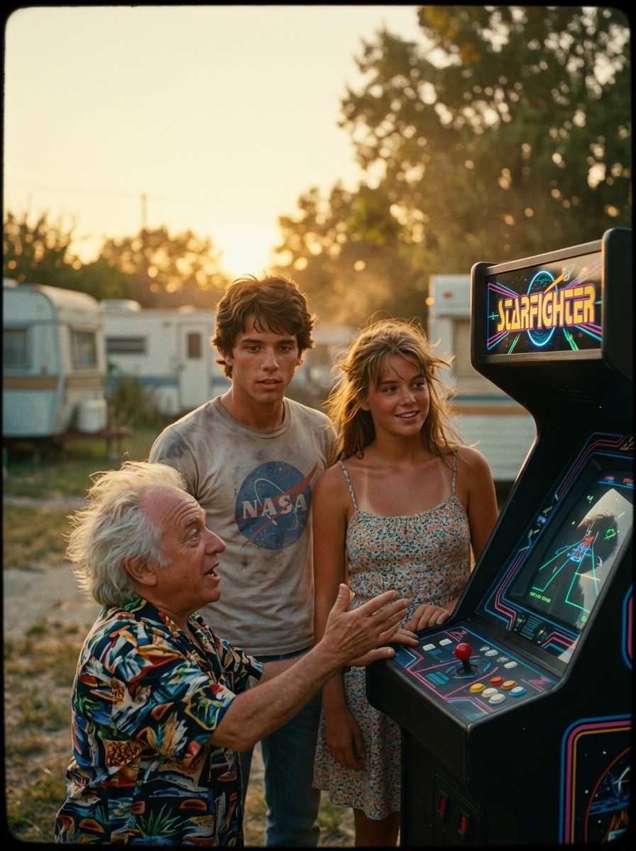 Alex, sun-browned teen in faded T-shirt and jeans, stands at the edge of the dusty trailer park lot at golden hour, staring at where the old Starfighter cabinet once stood. A new, darker arcade machine sits in its place. Maggie, light brown hair, summer tan, stands at his side. The trailer court glows with late-day light; Centauri, a round man in a loud shirt, is just stepping from his strange car.