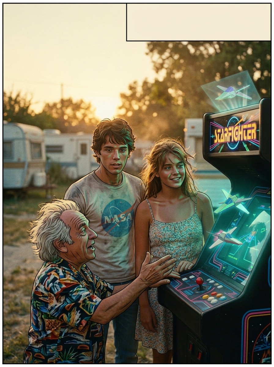 Close on the new arcade cabinet—screen flickers blue; Alex (nervous) examines joystick, Maggie watches. Centauri frowns, peering at the alien script above the coin slot.