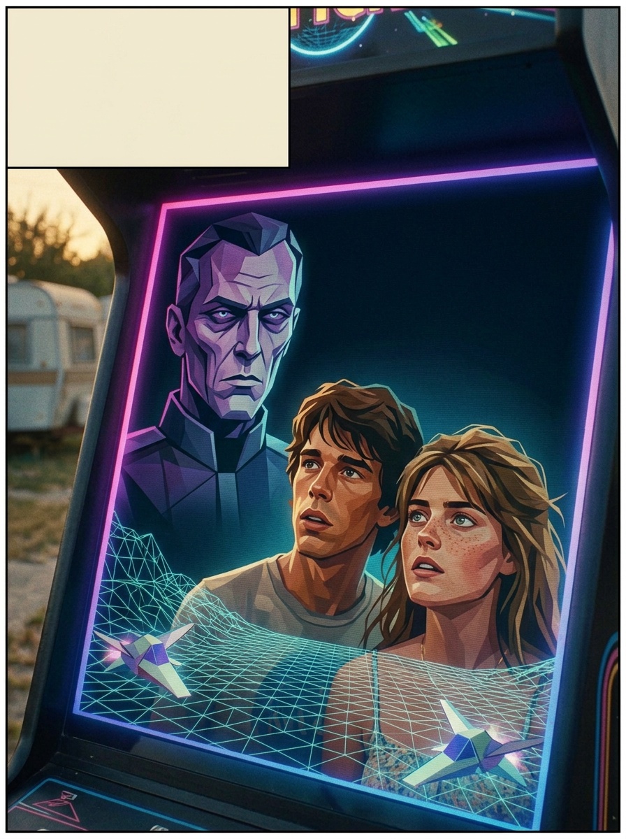 The arcade screen flashes static—suddenly a blocky, alien face (Ko-Dan officer) glares from the display. Harsh neon light colors Alex and Maggie’s faces.