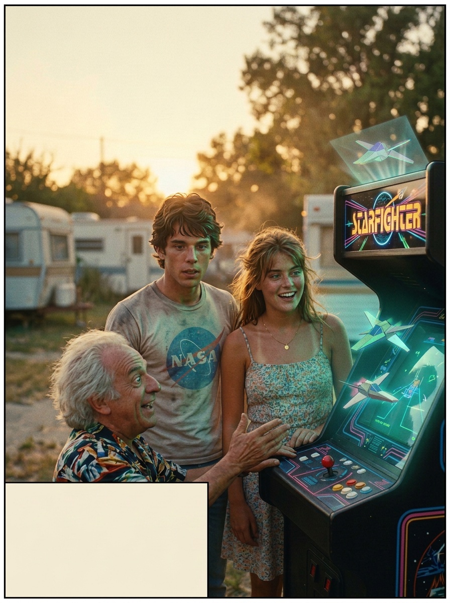 Alex’s hands on the joystick, coin between his fingers, tense. Maggie leans in, worried. Centauri raises a hand in warning.