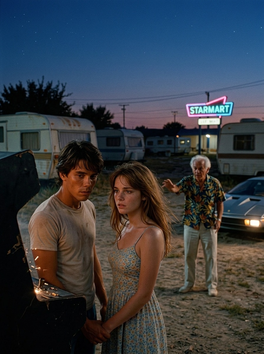 Wide shot: Alex, Maggie, Centauri stand side by side in the glowing dusk, the ruined arcade cabinet at their feet, trailers and neon sign behind. The stars just beginning to appear in the sky above.