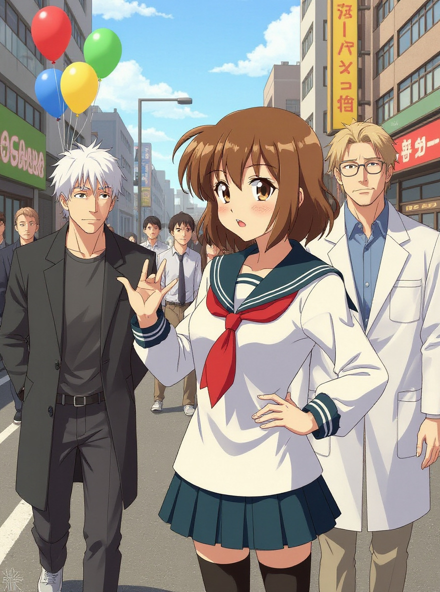 Morning outside a busy Tokyo amusement arcade. Misaki Suzuhara stands with her duffel, gazing up at flashy signs. Spring sunlight glows. Crowd in uniforms and casual wear swirls around her.