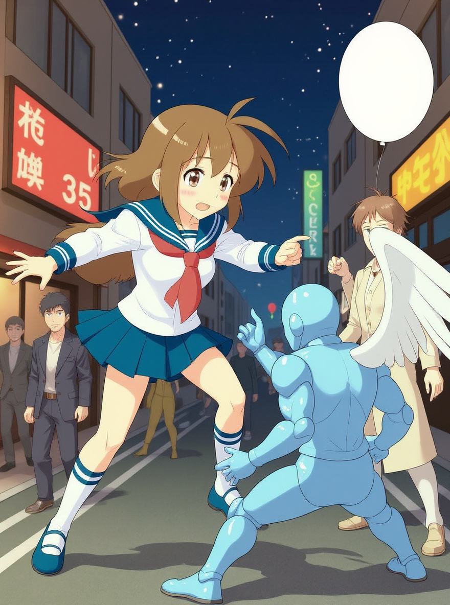 Triumphant: Hikaru leaps high, striking the blue Angel. Scoreboard in background shows Misaki's win as lights flash.