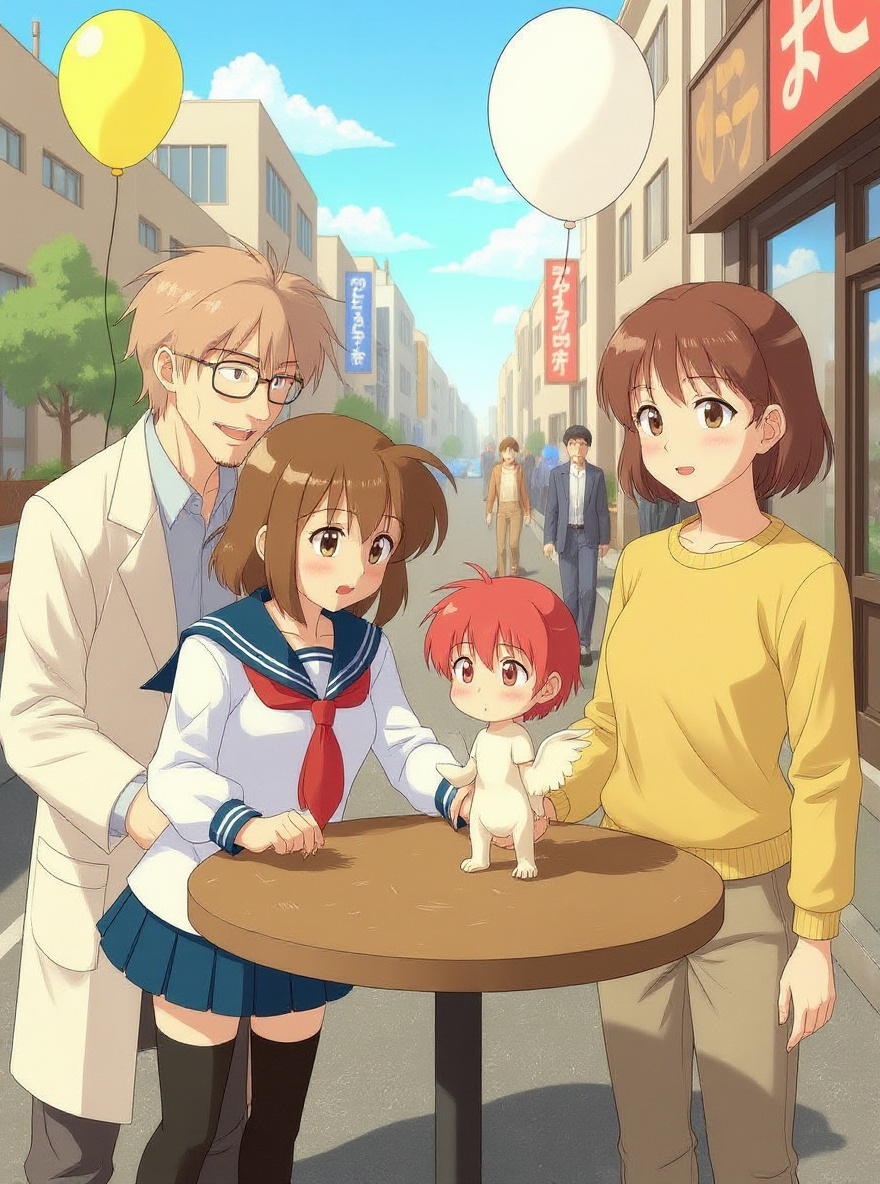 Misaki sits at the Layer table, setting Hikaru down carefully. Across, Sumi Arai (regular) preps her own Angel, smiling.