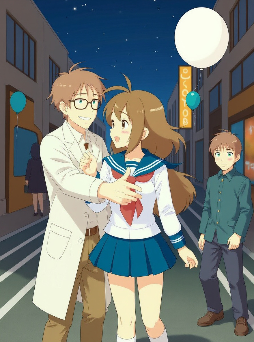 Far shot: Misaki stands with Hikaru in her hands, looking up at the city beyond the arcade doors. Morning light streams in.