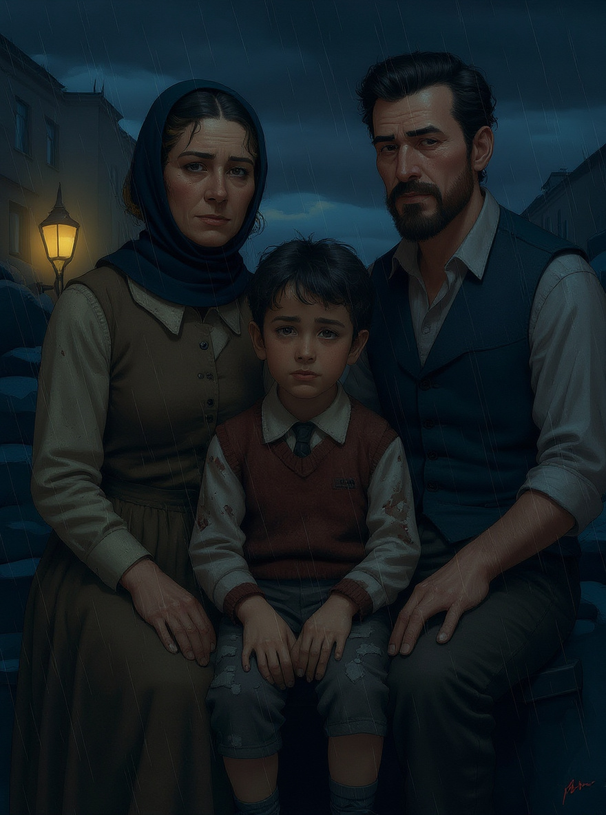 The Milanese Mother and Son, dirty and wide-eyed, huddle by the pinned Father under debris.
