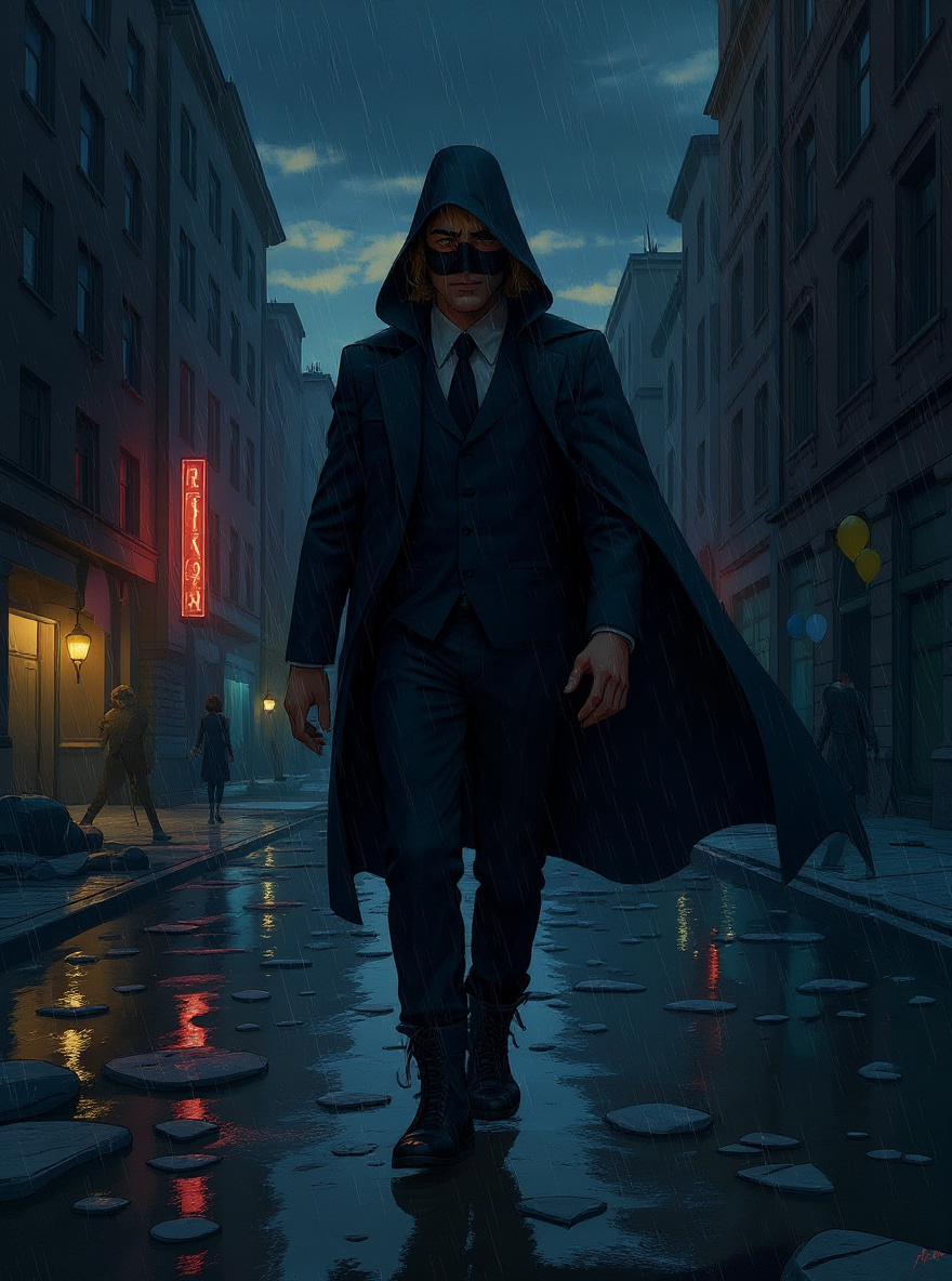 The Escapist, in a dark mask and cape, strides through a ruined Milan street, rain falling, light fractured.