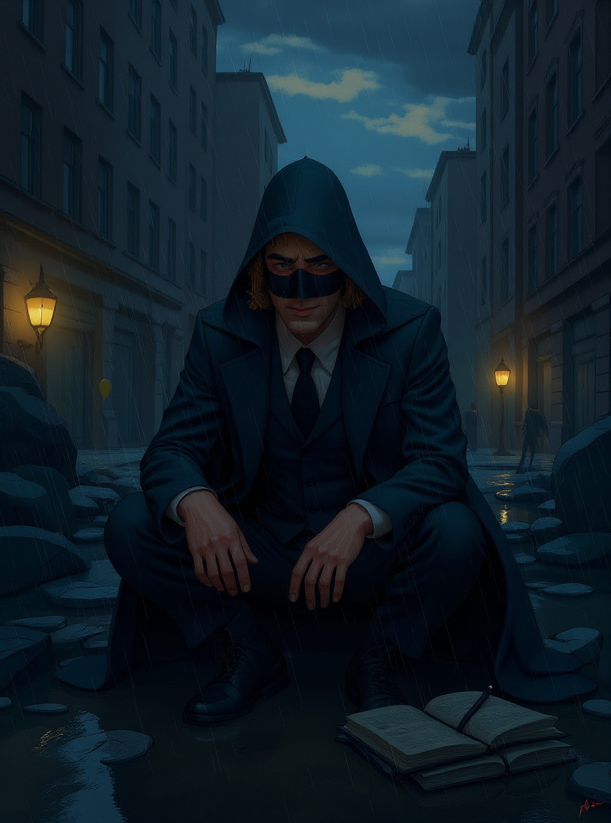 In a shadowy, collapsed storefront, Escapist kneels, listening intently for a faint voice below rubble.