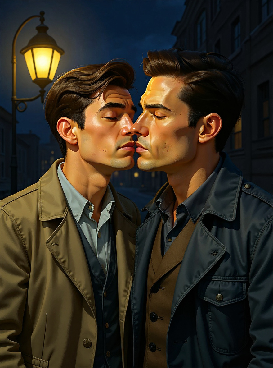 The Stranger nearly whispers into Benny's ear, their faces close under the streetlamp.