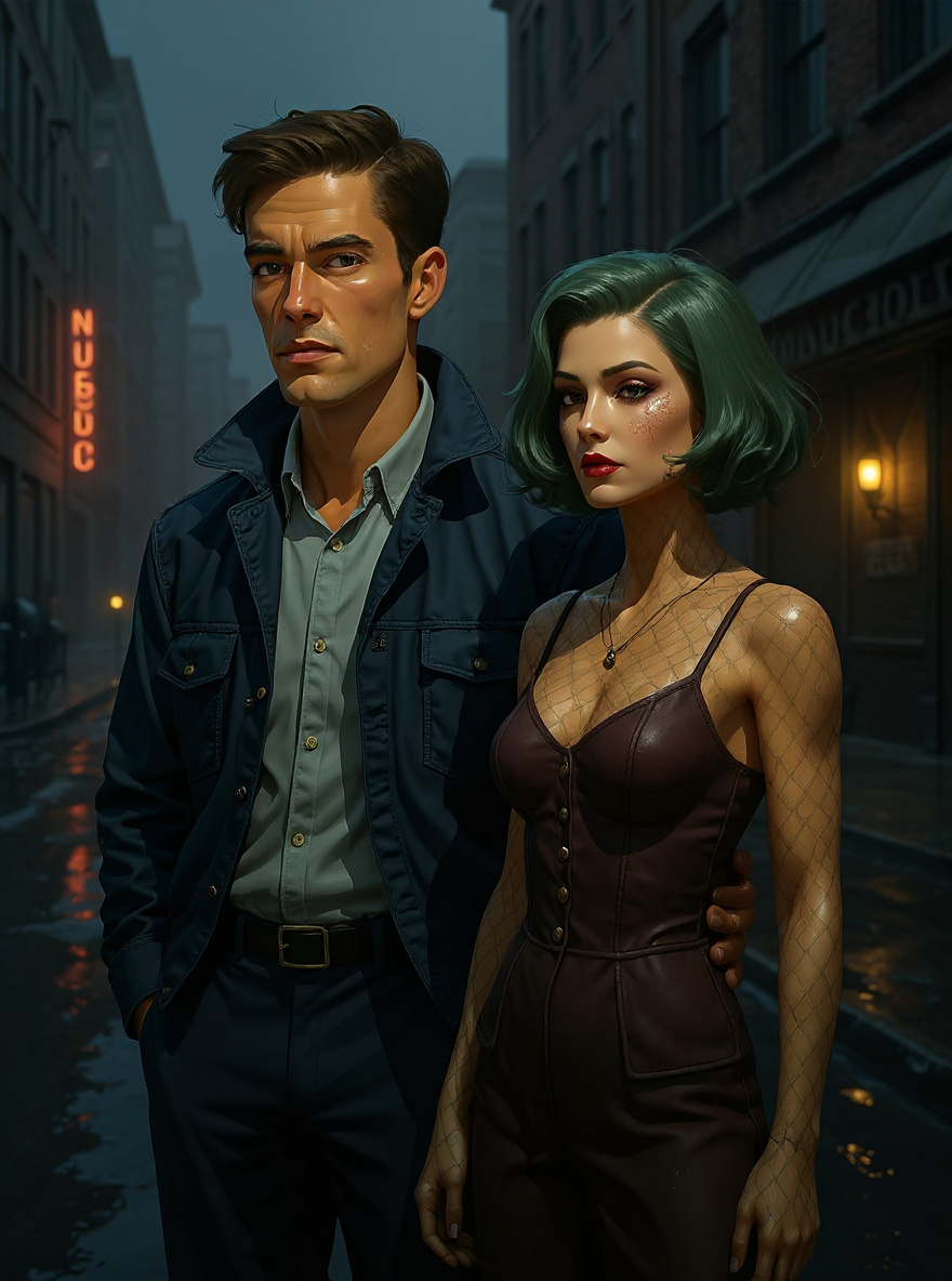Benny Profane stands with the Green-Wigged Stranger outside an underground club on a rain-slick, foggy pre-dawn Lower East Side street.