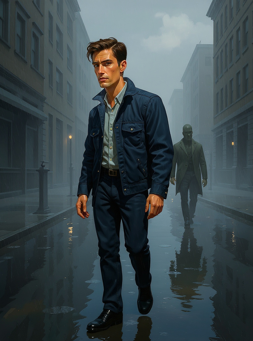 Benny, alone, stands at the edge of the empty street, then hurries after the Stranger who is almost lost in the fog.