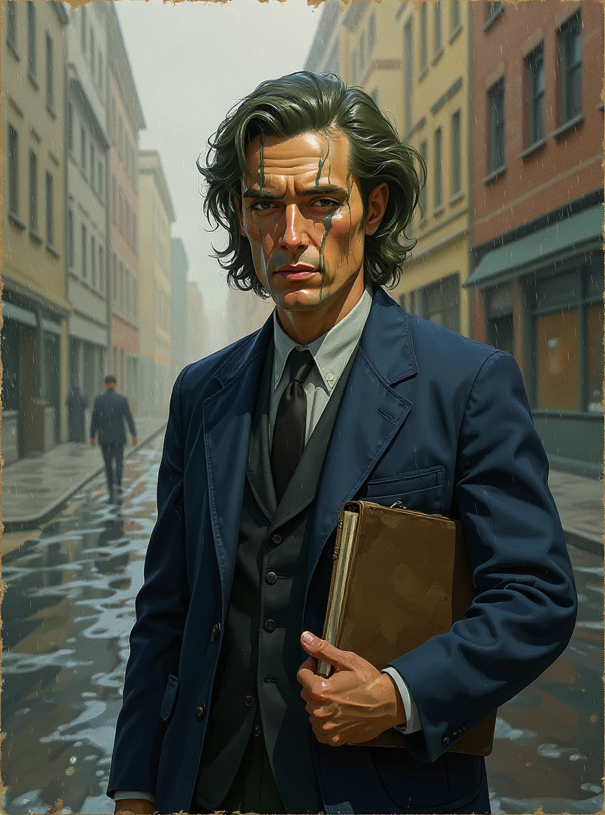 The Stranger looks up, rain streaking her face, enigmatic; Benny in partial profile, waiting.