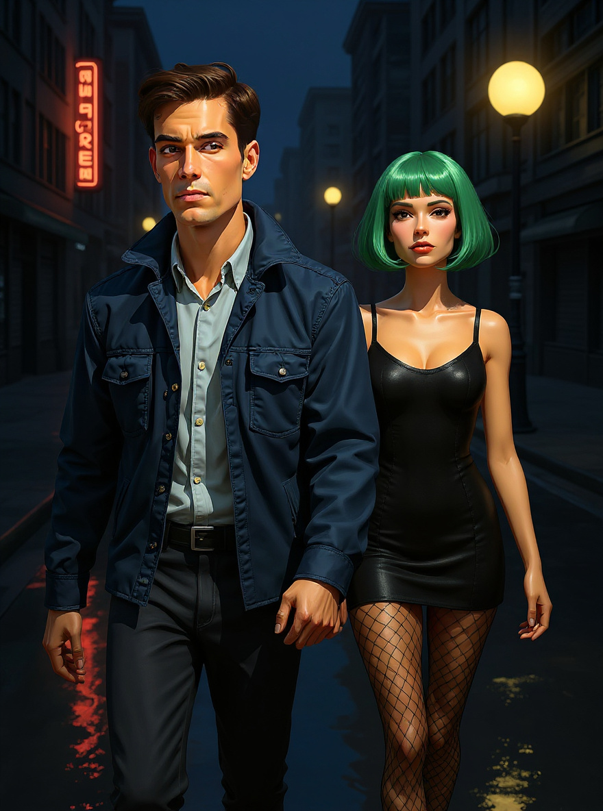 Green-Wigged Stranger pulls Benny by the hand down a deserted sidewalk, neon reflections in puddles.