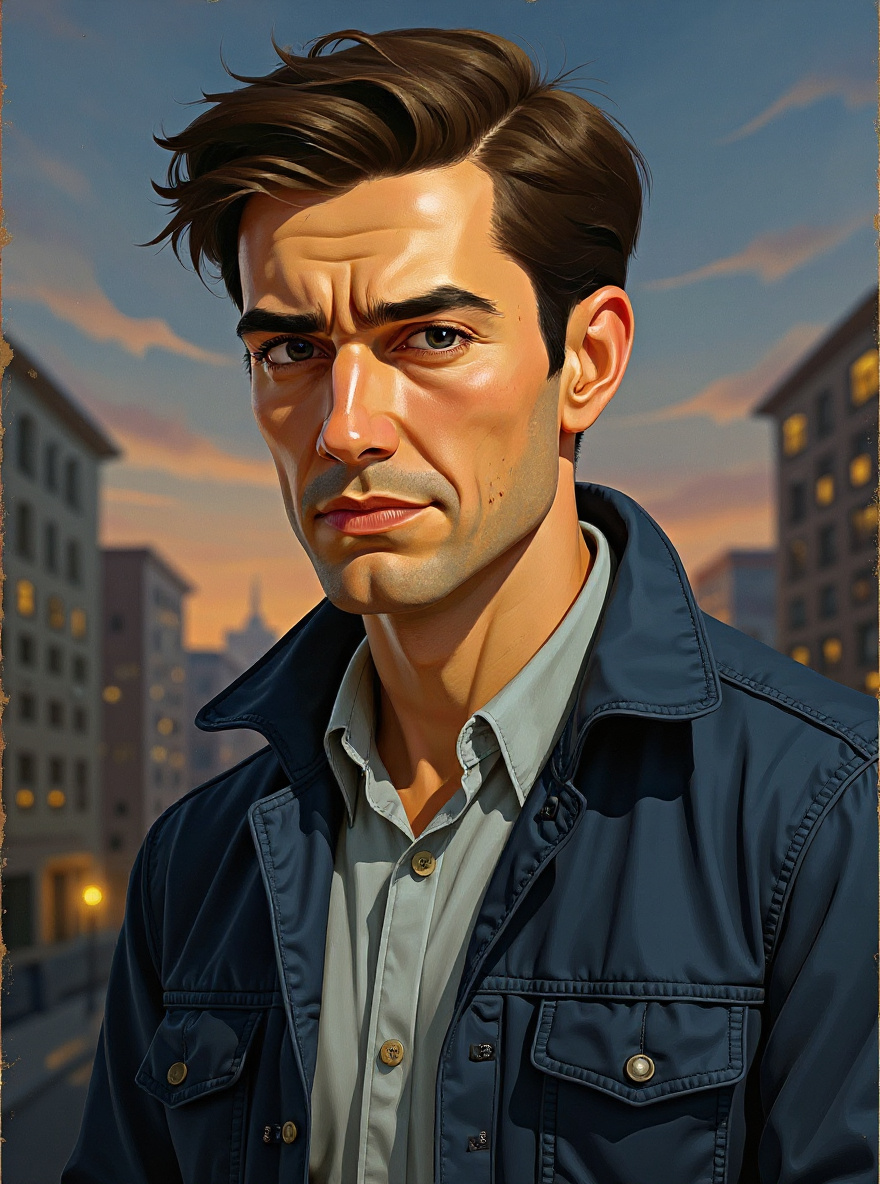 Close on Benny’s face, a half-smile, city lights blurred behind him, dawn barely breaking.