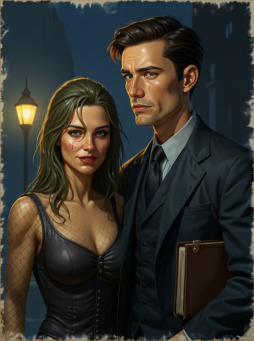Close-up: the Stranger glances over her shoulder at Benny, sly smile, streetlamp glow haloed behind her.