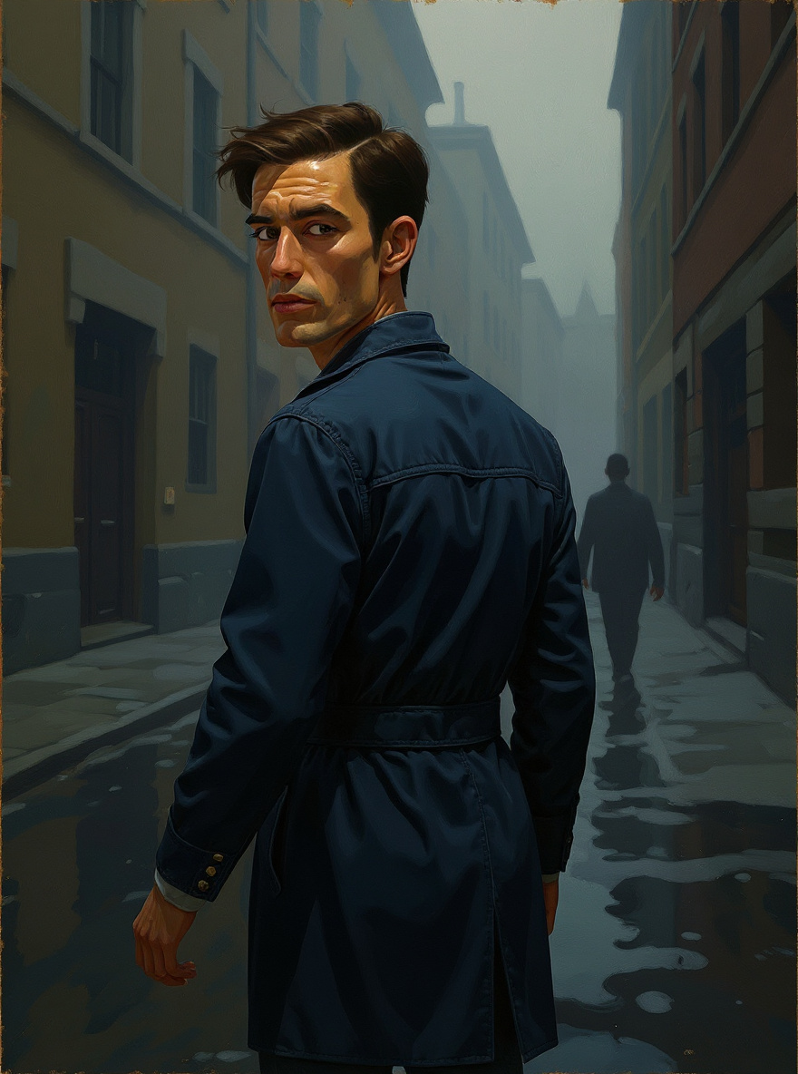 Green-Wigged Stranger, ahead in the mist, glances back; Benny’s silhouette hurries after her.