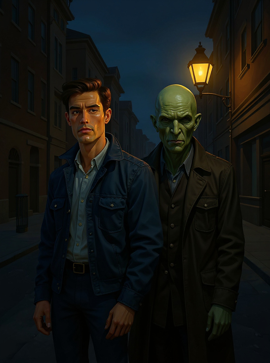 They pause under a flickering streetlamp; the Stranger’s face half-shadowed, Benny uncertain beside her.