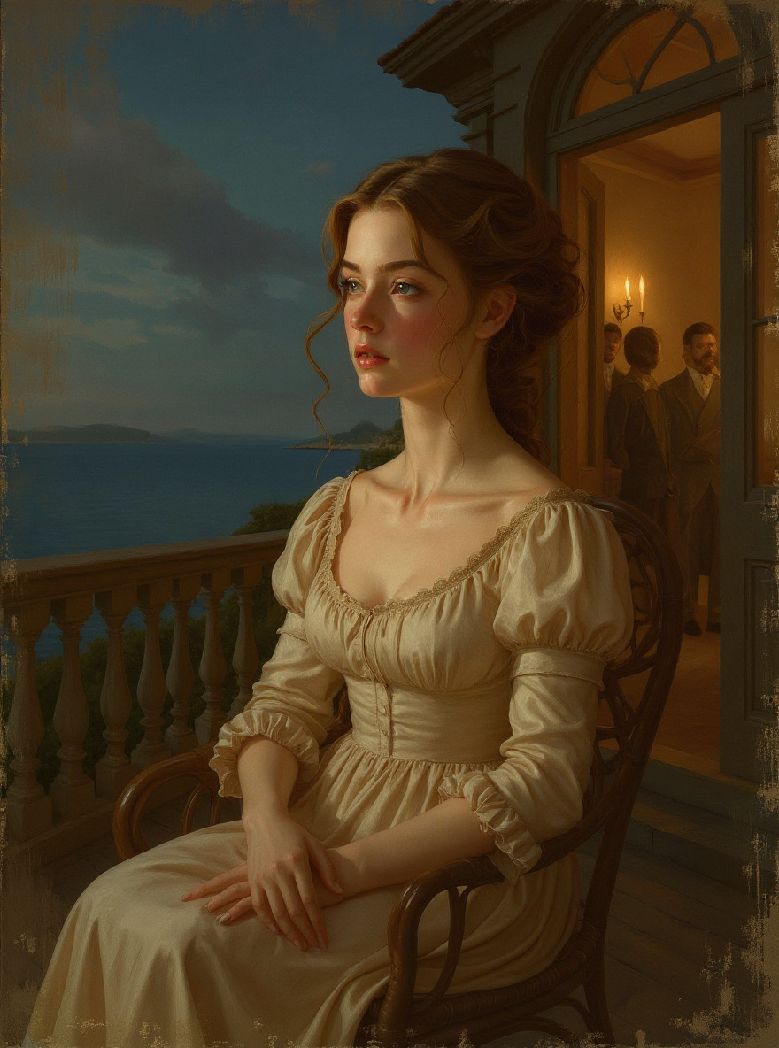Grand Isle veranda at dusk, Edna seated in a wicker chair apart, sea beyond, muted guests and candlelight inside. Period-accurate dress, humid light, painterly brushwork.