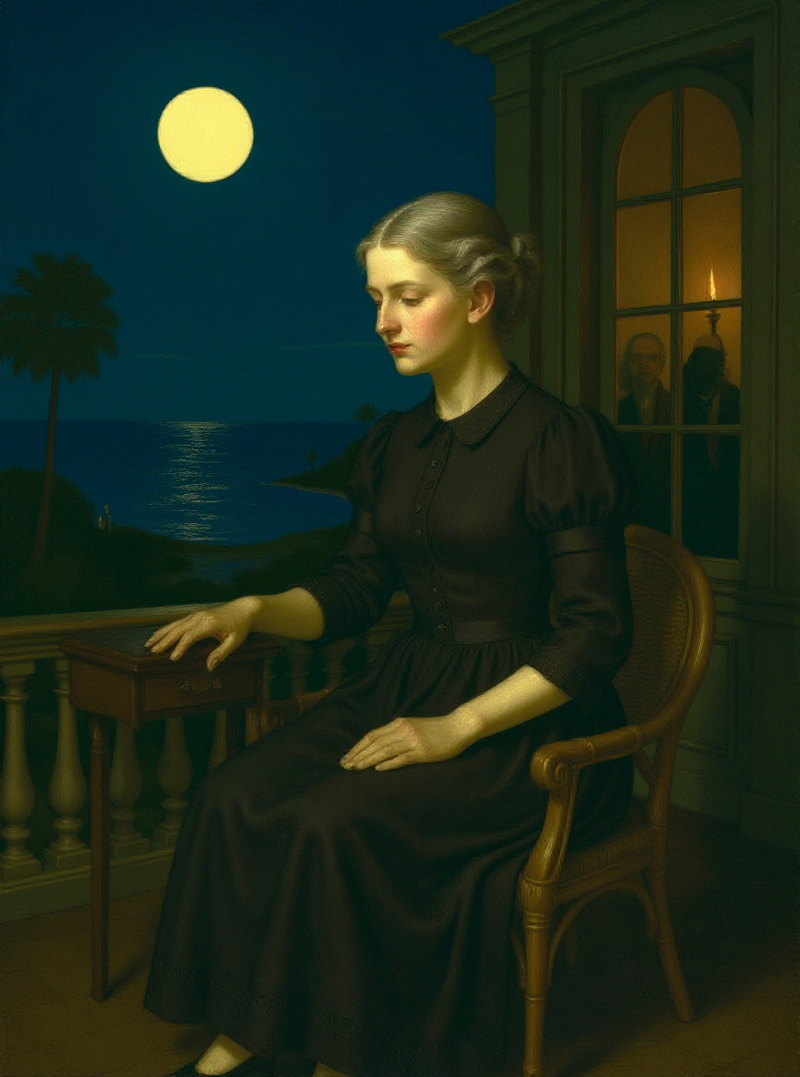 Mademoiselle Reisz closes the piano, candle guttering, her face thoughtful, alone.