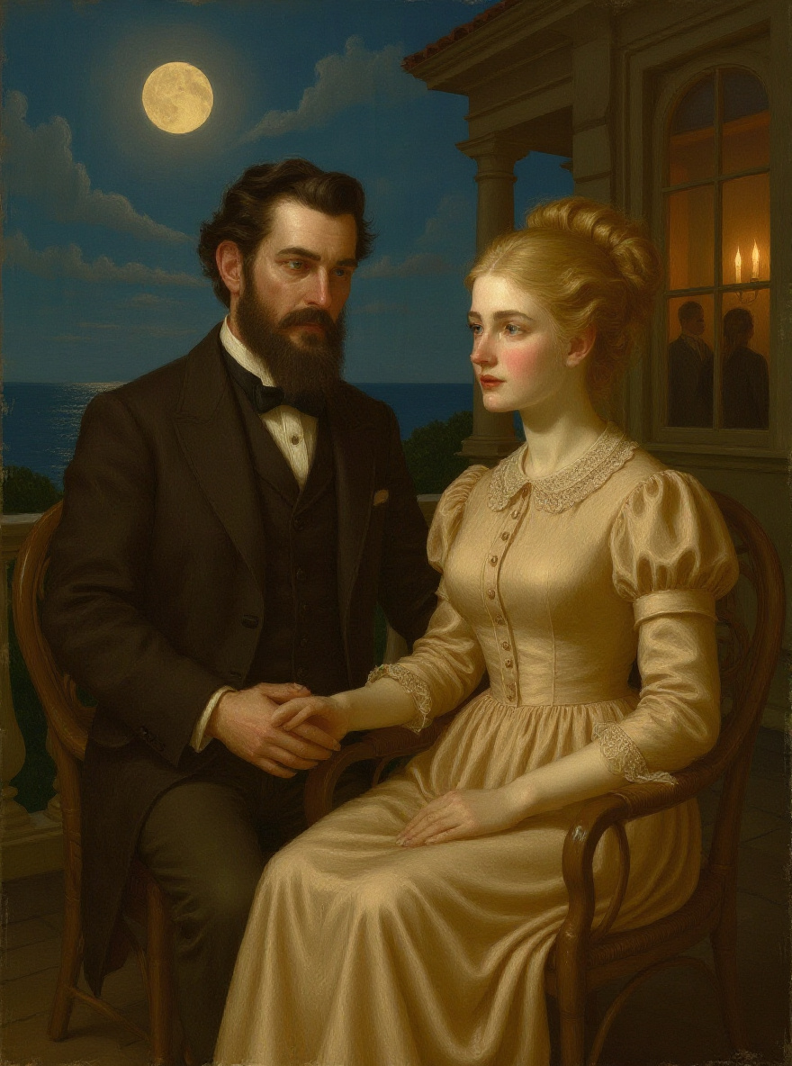 Adèle sits beside Edna on the porch, pastel dress, golden hair, hands clasped over Edna’s.