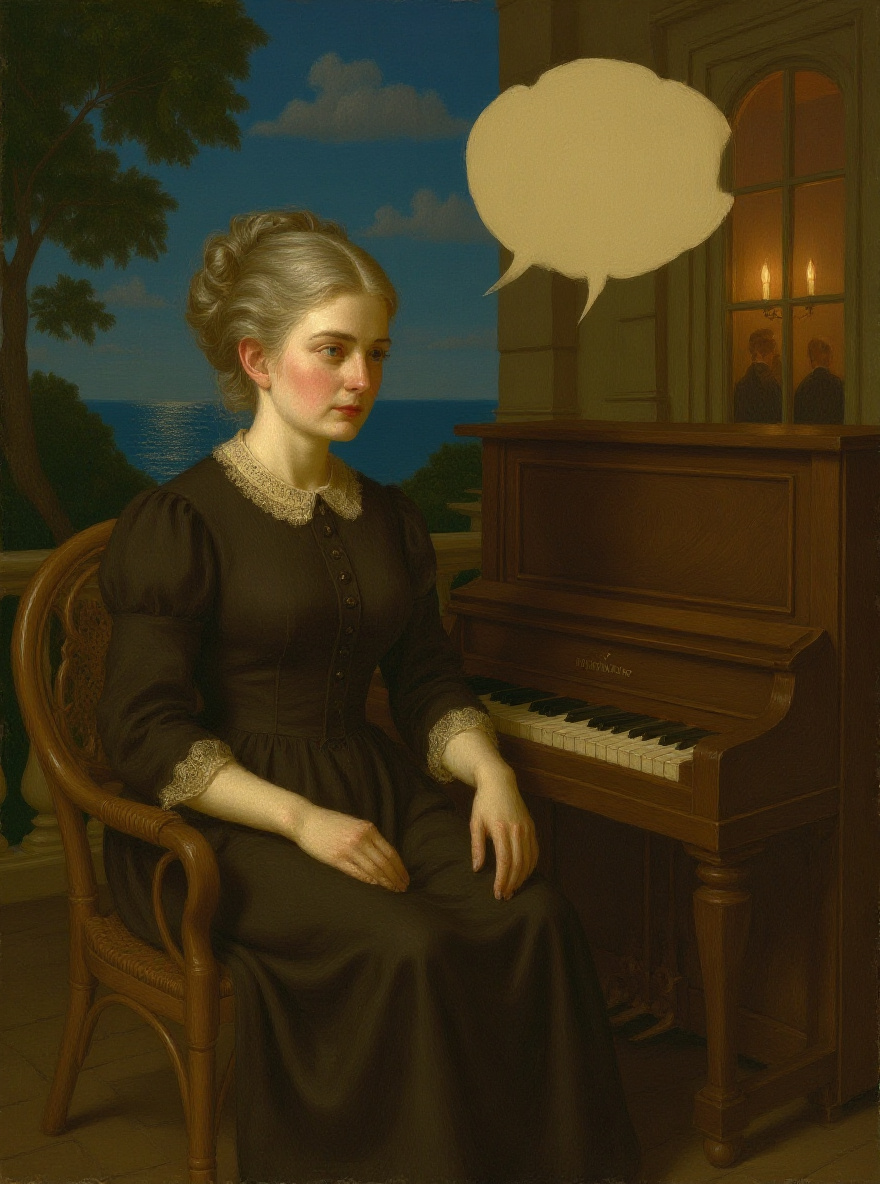 Mademoiselle Reisz at piano, sharp features, dark plain dress, fingers poised for a Chopin prelude.