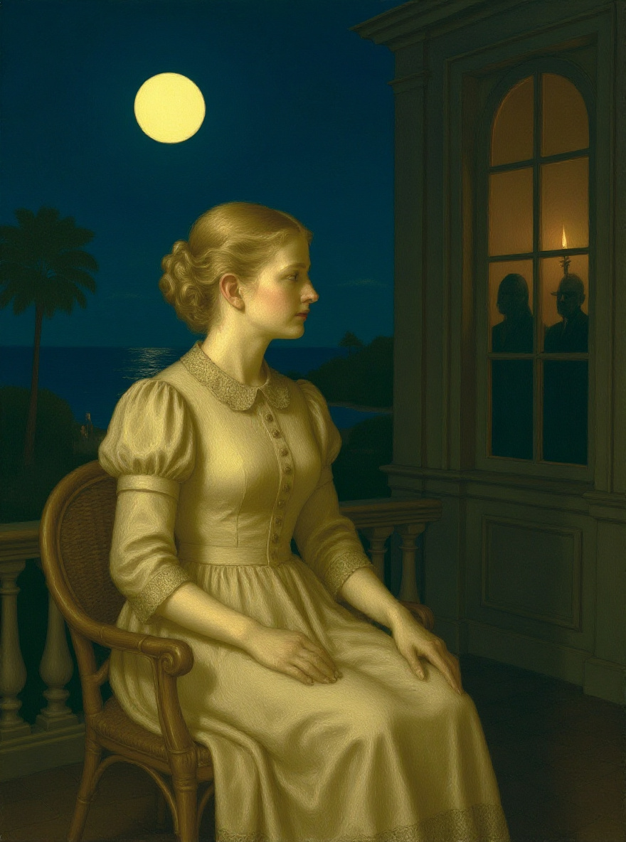 Night has fallen, Edna gazes at the sea, the house glows behind her, silhouettes of guests inside.