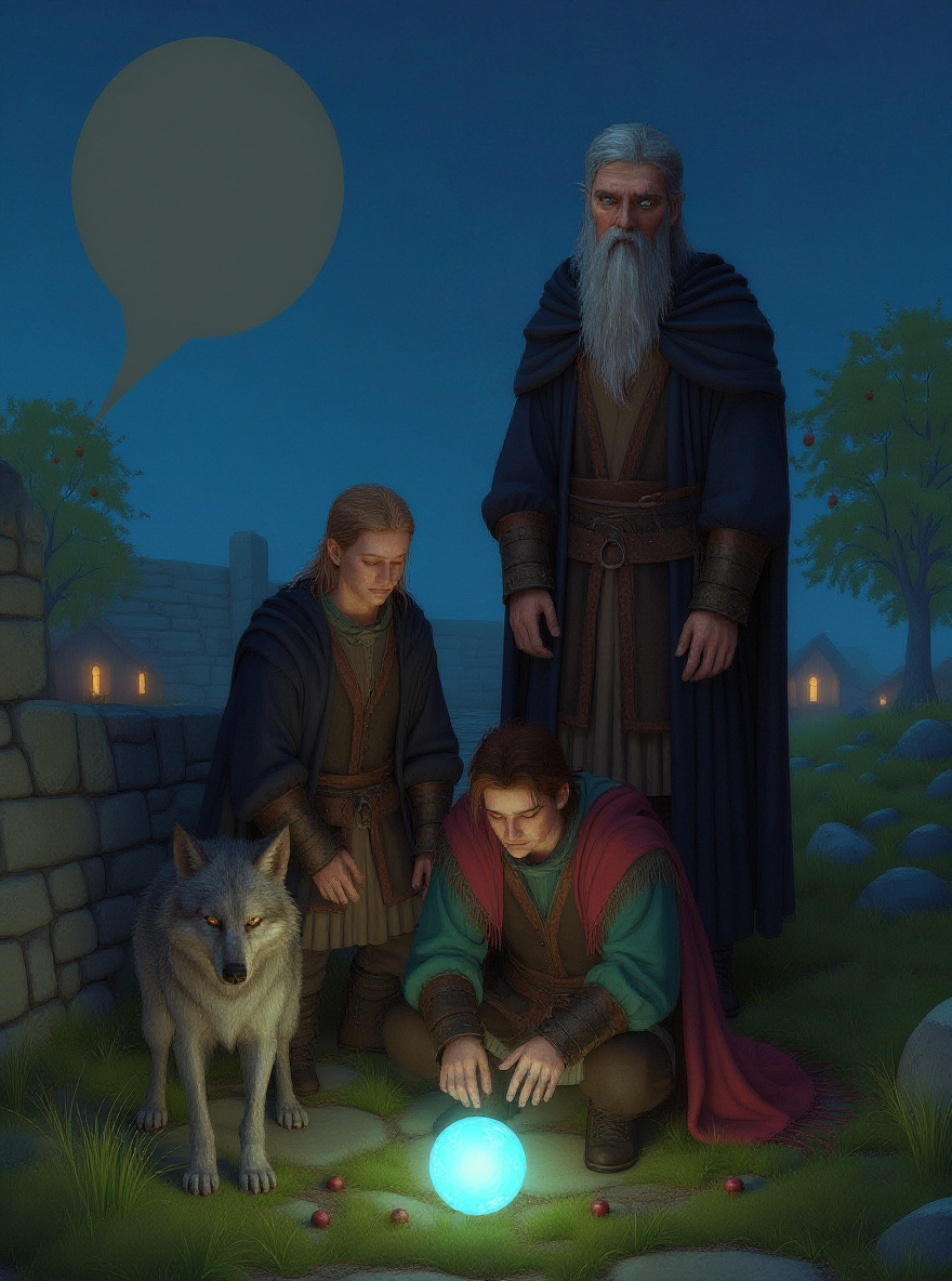 Polgara stands by the wall, arms folded, Garion at her side, both watching the wolf disappear between trees. Orb at Garion’s belt dims.